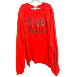 Gildan Christmas Long Sleeve T-Shirt Pullover Red Plaid "Merry Xmas" Size XL‎